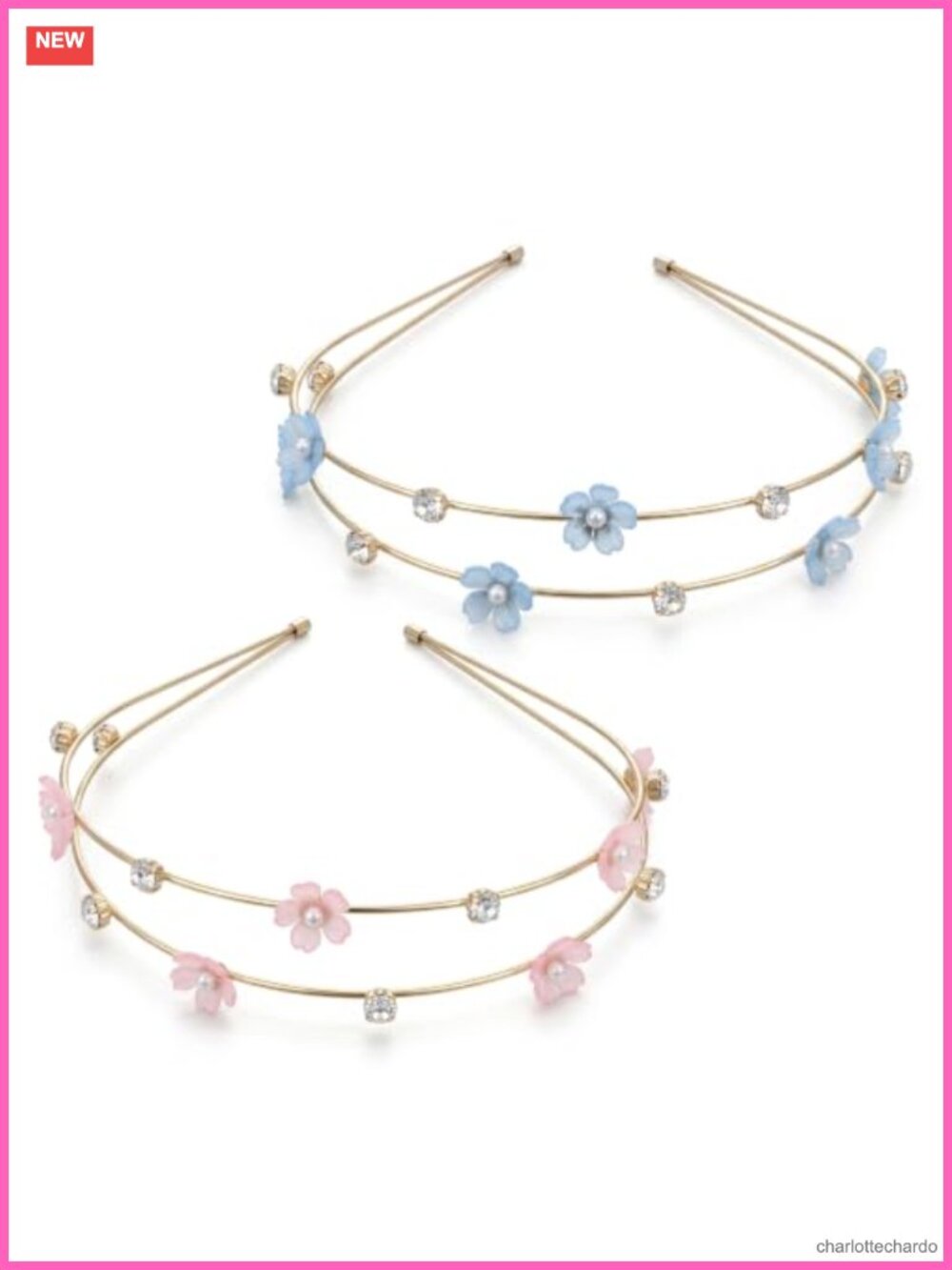 2 Pc Flower Metal Headband Set Rhinestone Pearl Non-Slip Hair Accessories